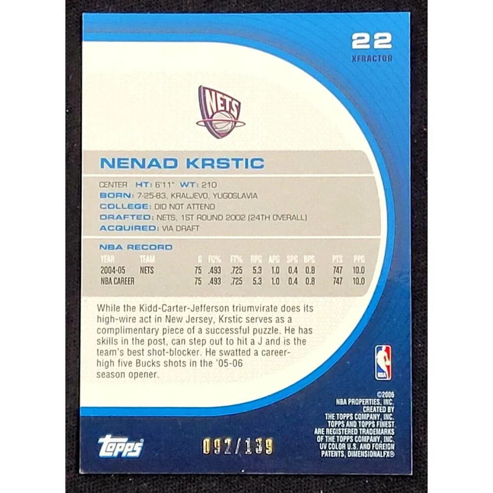 2005-06 TOPPS FINEST NENARD KRSTIC RED X-FRACTOR  #D 92/139‎